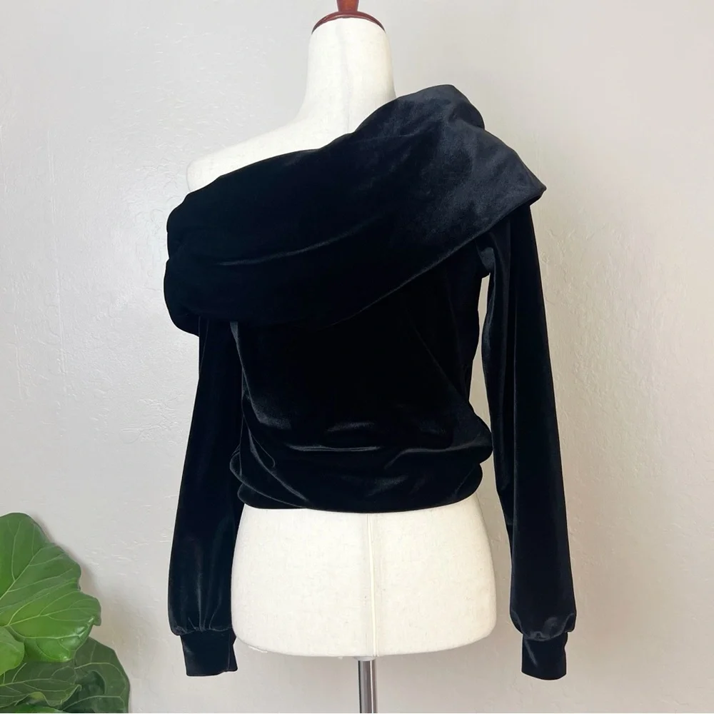 •CARBON38• Black Velvet Off-the-Shoulder‎ Drape Pullover Sweatshirt Size XS - Picture 3 of 13